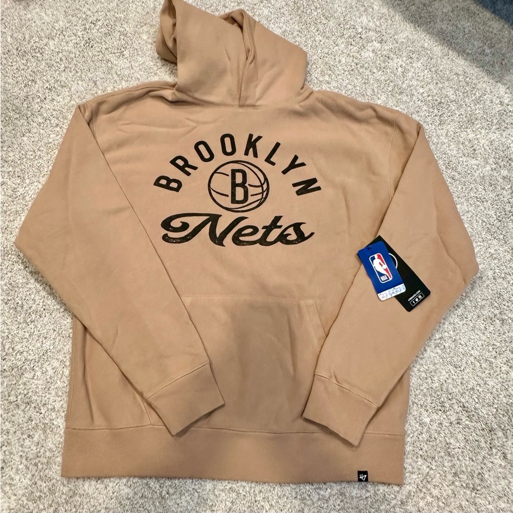 Brooklyn Nets Hoodie Mens Medium Khaki '47 Brand NBA Sweatshirt Basketball New